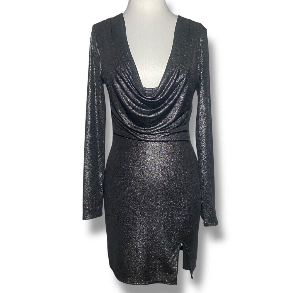 h:ours Deep Cowl Neck Mini Short Dress Grey Metallic Women's Size S Front Slit